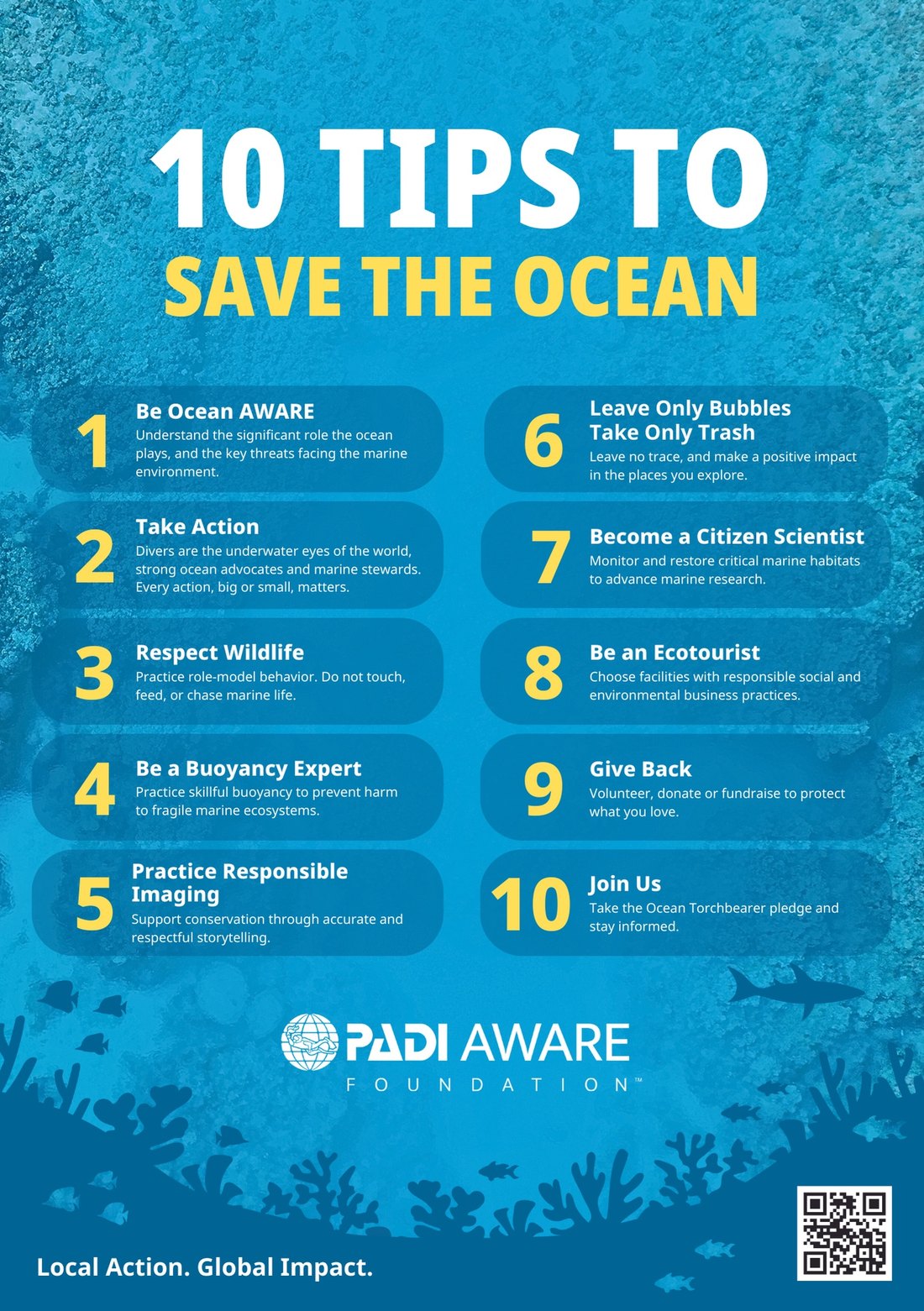 PADI AWARE Foundation infographic: 10 Tips to Save the Ocean