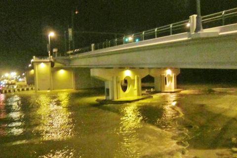 The drawbridge at night.