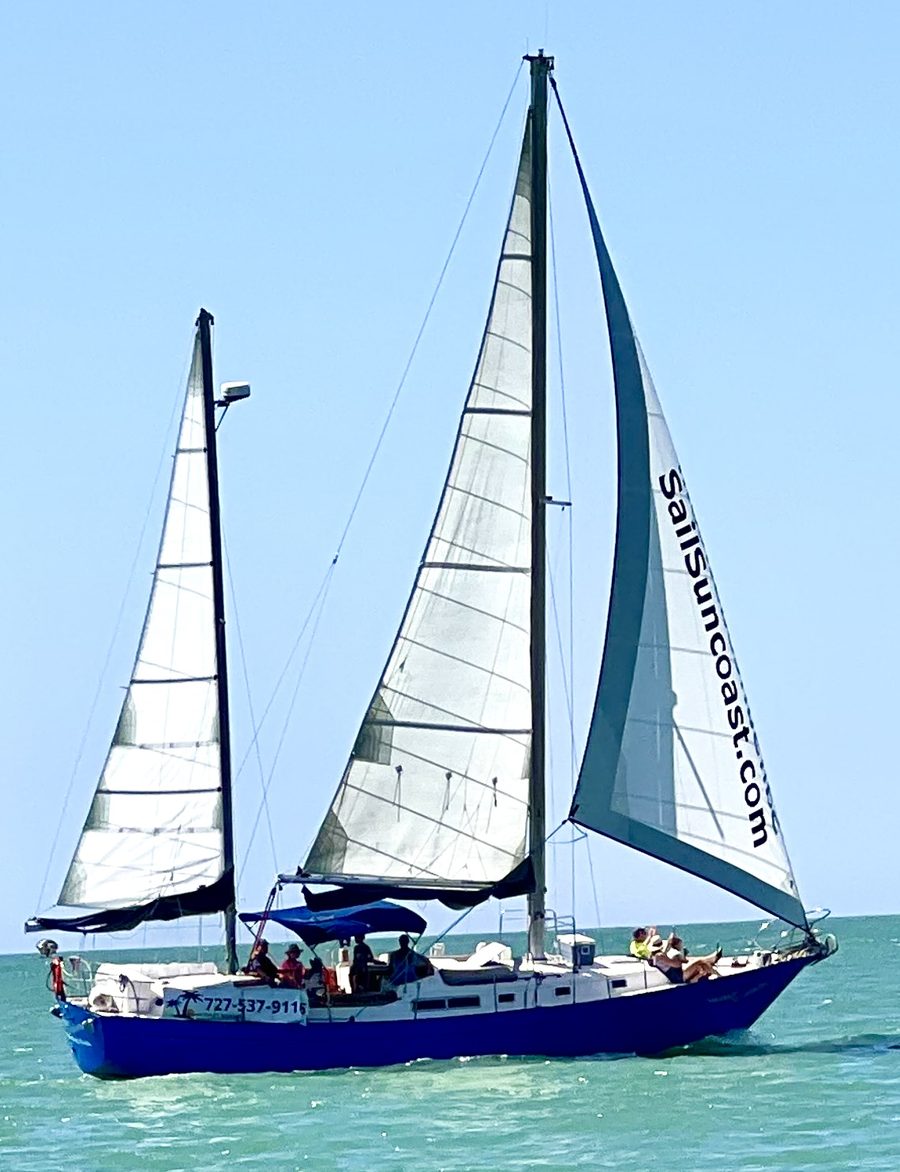 Red sails and rigging seen from the deck of the Suncoast Horizon